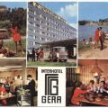 Werbepostkarte mit Schloß Burgk, Bleiloch-Talsperre, Hotelhalle und Bierhöhle im Interhotel "Gera" - 1978