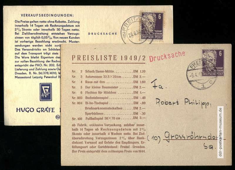 Reklamekarten des Spieleverlages Hugo Gräfe in Freital von 1949 / 1950
