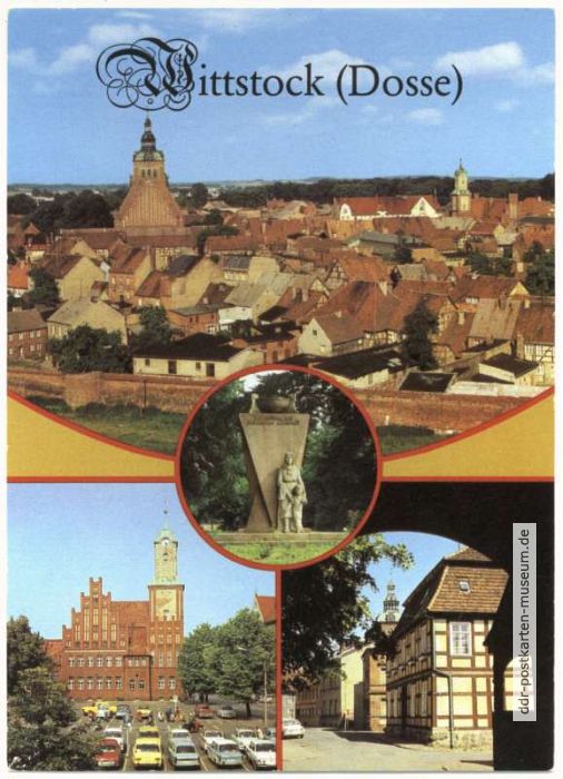 Blick auf die Stadt, OdF-Denkmal, Rathaus, Durchblick vom Heimatmuseum - 1984