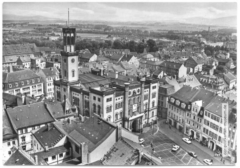 Blick vom Turm der Johanniskirche zum Rathaus und Platz der Jugend - 1976