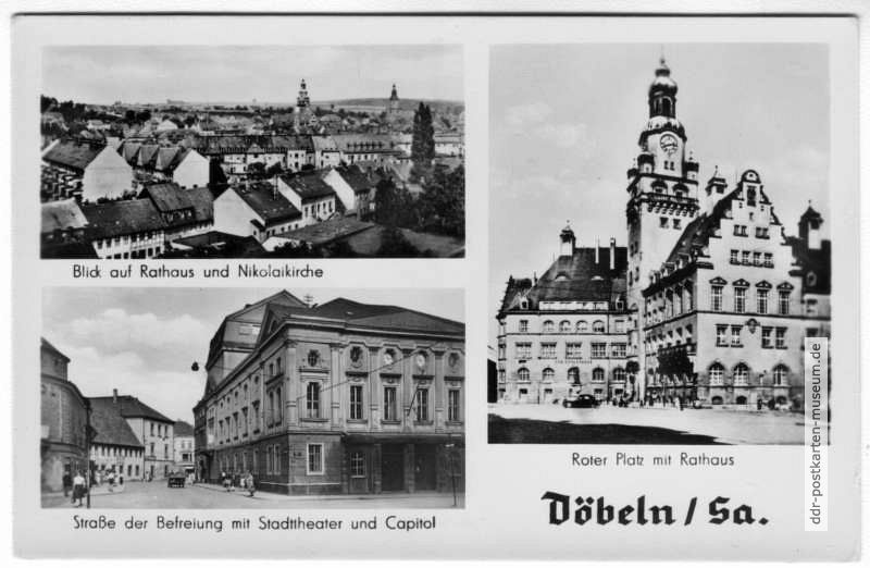 Blick zum Rathaus, Straße der Befreiung mit Stadttheater, Rathaus - 1957