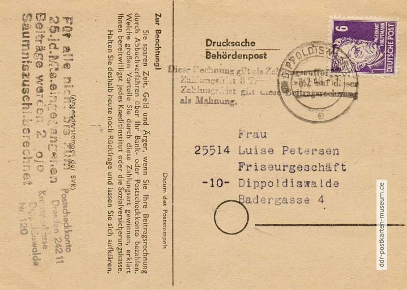 Vorderseite von Drucksache mit Behördenpost, gelaufen in Dippoldiswalde - 1949