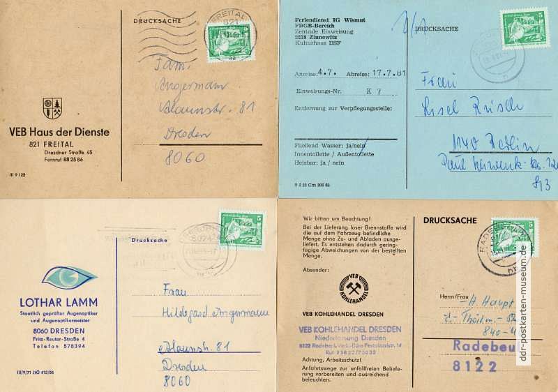 Drucksachen vom VEB Haus der Dienste in Freital, FDGB-Feriendienst der IG Wismut, Optikermeister und VEB Kohlehandel in Dresden - 1971 / 1989