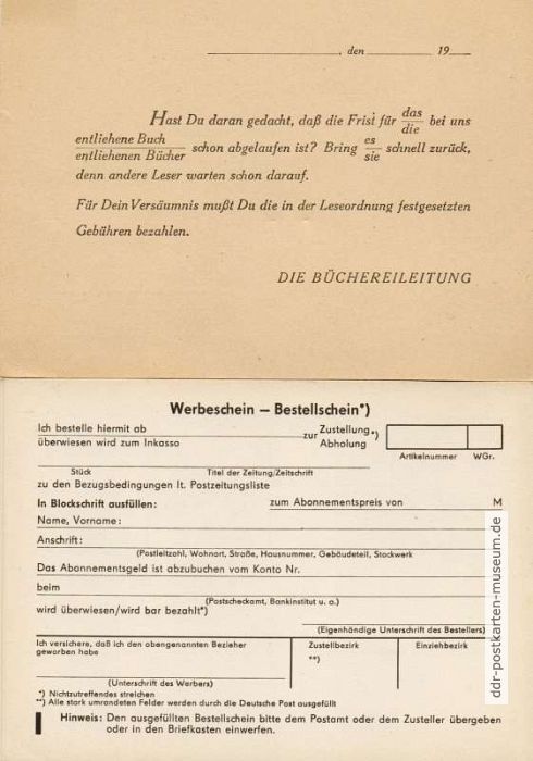 Drucksachen mit Hinweis zur Fristeinhaltung in Bibliothek / Bestellung von Zeitungen - 1967 / 1987