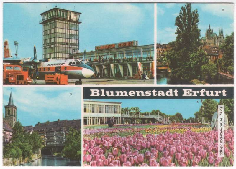 Flughafen Erfurt, Blick zum Dom, Krämerbrücke, IGA-Tulpenschau - 1969