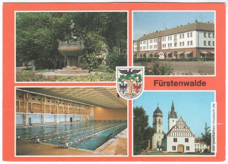 Grassnik-Brunnen, Mühlenstraße, Schwimmhalle, Rathaus mit Dom - 19909