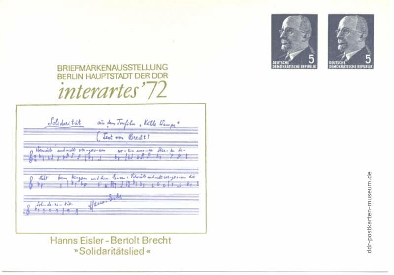 Ganzsache vom Kulturbund für Briefmarkenausstellung "interartes 72" von 1972 - 2 x 5 Pfennig Dauerserie Ulbricht