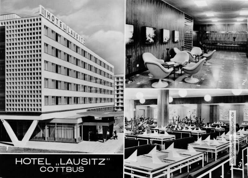 Cottbus, Hotel "Lausitz" mit Empfangshalle und Restaurant - 1974