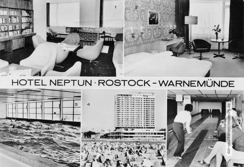 Warnemünde, Hotel "Neptun" mit Bibliothek, Zimmer, Schwimmbad und Kegelbahn - 1977