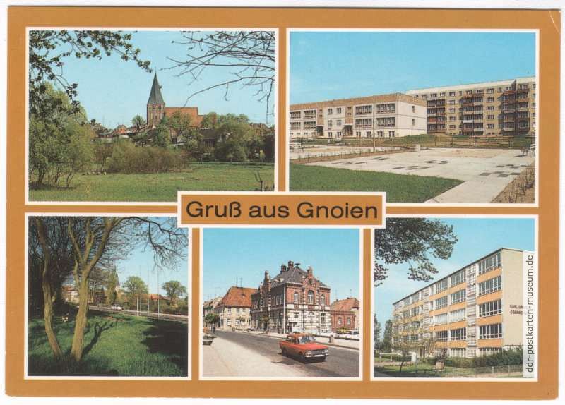 Blick zur Kirche, Neubauten mit Kinderkombination, Rathaus, Karl-Gräpler-Oberschule - 1988