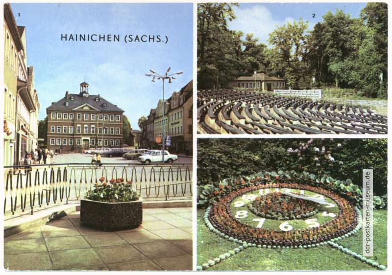 Rathaus, Freilichtbühne, Blumenuhr - 1973