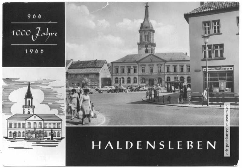 1000 Jahre Haldensleben, Friedrich-Engels-Platz mit Rathaus - 1965