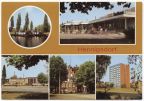 Hafen, Konsum-Kaufhaus, Bahnhof, Rathaus, Hochhaus Fontanestraße - 1984