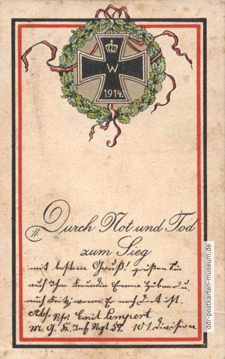 Gedenkpostkarte 1914/1915 mit Eisernem Kreuz und Durchhalteparole - 1914