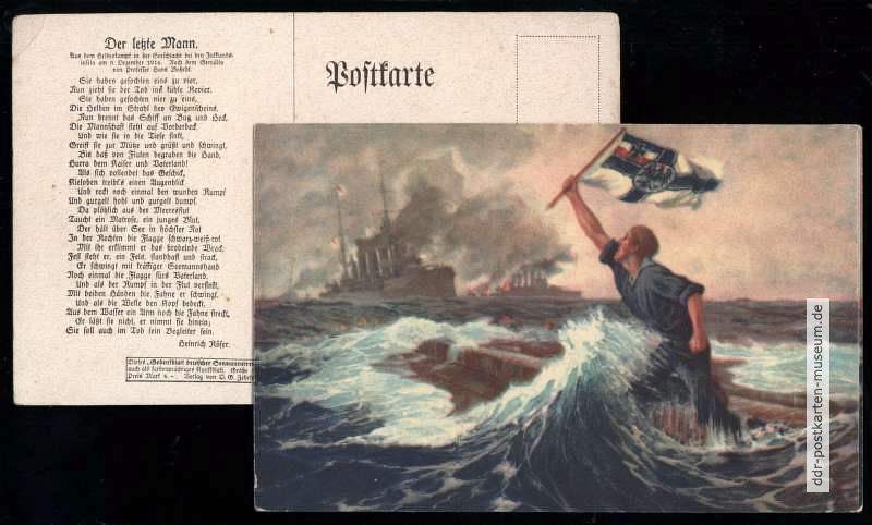 Kunstpostkarte mit Gedicht "Der letzte Mann" und Gemälde "Seeschlacht bei den Falklands-Inseln" - 1915 