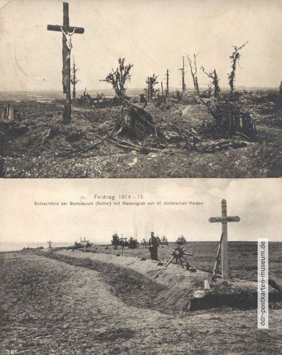 Deutsche Kriegspostkarten mit Gräbern auf Schlachtfeld in Frankreich - 1915 / 1918