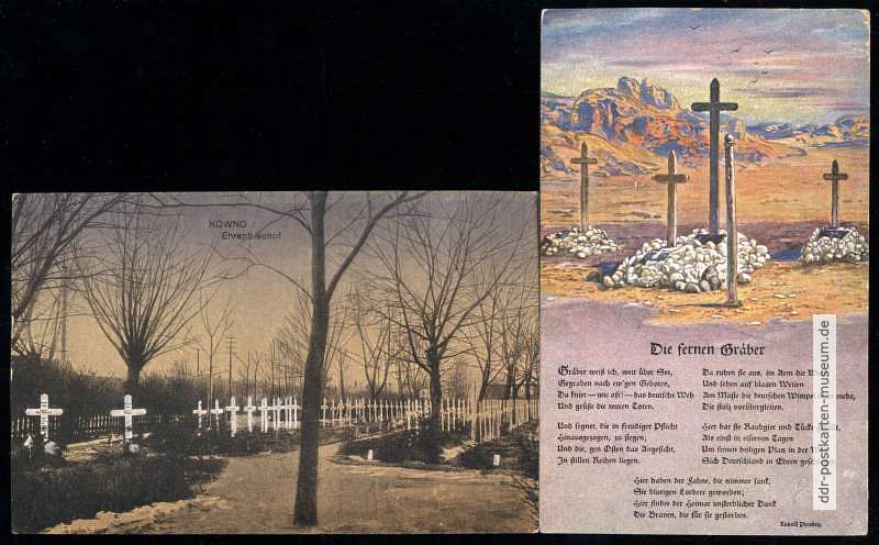 Nachcolorierte Postkarten mit Kriegsgräbern in Rußland und Deutsch-Südwest-Akrika - 1918