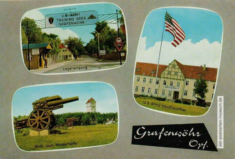 Truppenübungsplatz der US-Army bei Grafenwöhr mit Hauptquartier, Lagereingang und Wasserturm - um 1970