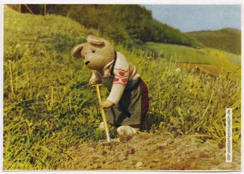 Karte aus Kinderkalender, Teddy gräbt ein Loch - 1957