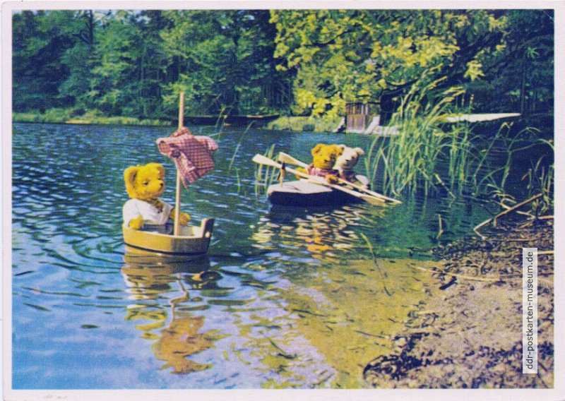 Karte 2437 Teddy-Familie segelt und paddelt auf dem See - 1958