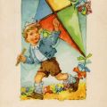 Grußkarte mit Aquarell "Kind mit Drachen" - 1952