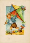 Grußkarte mit Aquarell "Kind mit Drachen" - 1952