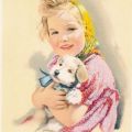Grußkarte mit Aquarell "Mädchen mit Hund" - 1957