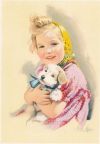 Grußkarte mit Aquarell "Mädchen mit Hund" - 1957