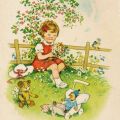 Grußkarte "Spielendes Mädchen im Garten" - 1958