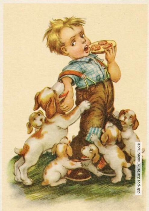 Grußkarte mit Aquarell "Junge mit Wurstbrot" - 1958