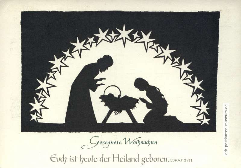 Weihnachtskarte mit Zitat Lukas und Scherenschnitt - 1965
