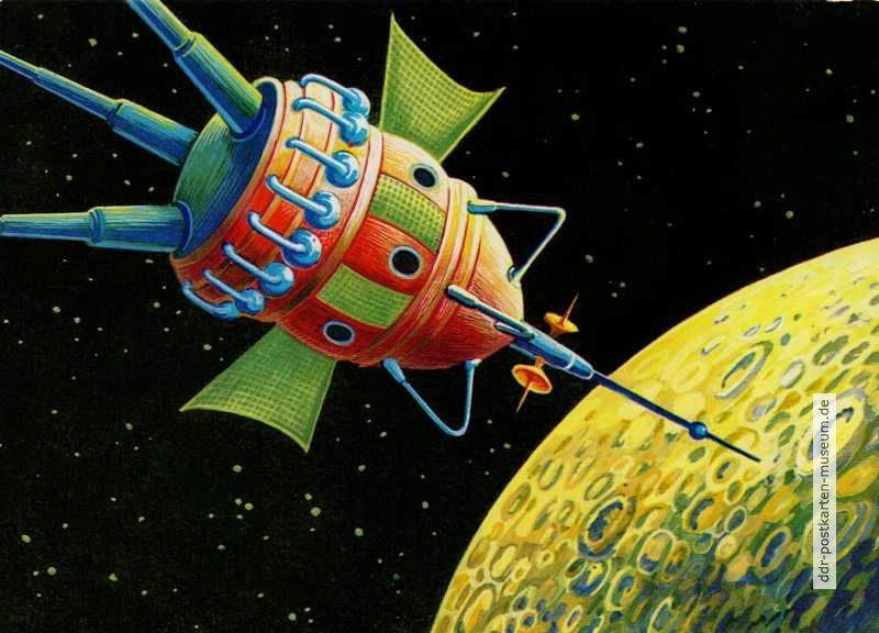 "Utopischer Weltraum", Bemannte Mondfähre im Anflug auf den Erdtrabanten - 1971