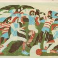 Farblinolschnitt "Fußball" 1974 von Helga Borisch - 1979