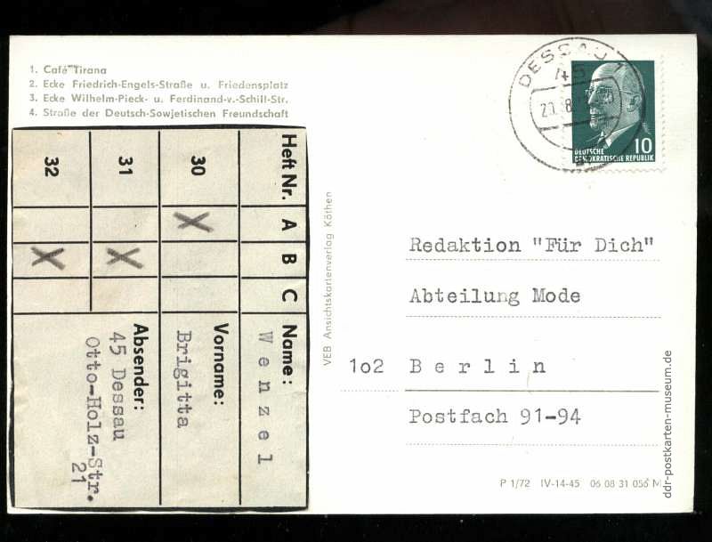 Teilnahmekarte für Preisrätsel der Illustrierten "Für Dich" aus Dessau - 1973