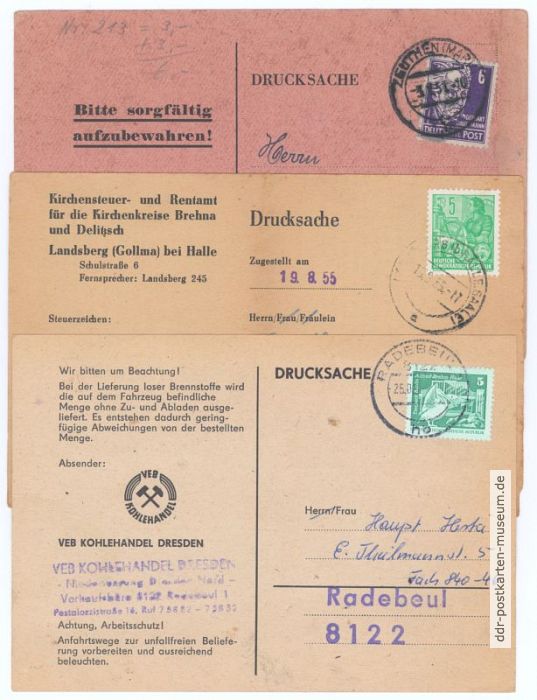 Porto für Drucksachen-Postkarte 6 Pfennig bis 1954 / 5 Pfennig 1954 bis 1990