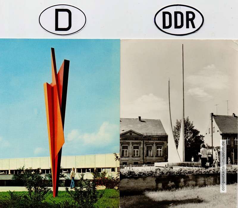 Abstrakte Architektur des Mahnmal für vertriebene Deutsche in Backnang und Lenin-Denkmal in Luckenwalde - 1977 / 1973