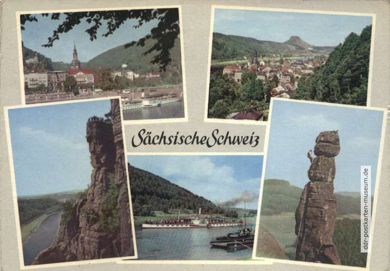 Bad Schandau, Blick zum Lilienstein, Basteifelsen, Elbdampfer, Barbarine - 1962