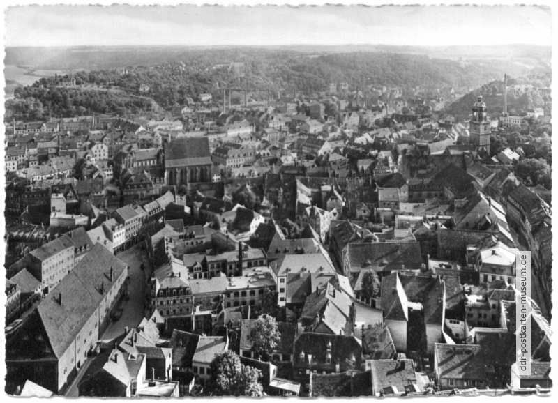 Blick vom Burgberg über die Stadt nach dem Plössen mit der Martinskapelle - 1962
