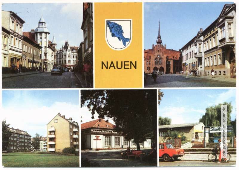 Straße der Jugend, Berliner Straße mit Rathaus, Neubauten, Kino, Stadtbad - 1990