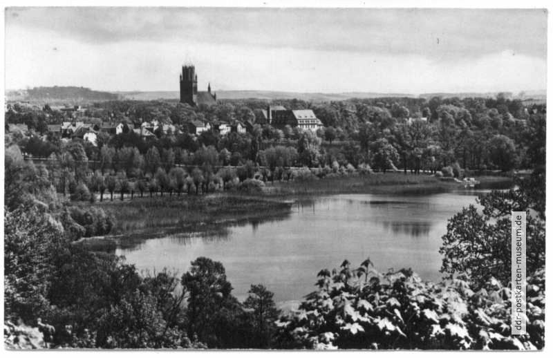 Blick von Belvedere-Höhe über Tollensesee zur Stadt und Marienkirche - 1954