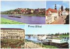Blick über die Elbe nach Pirna, Markt, Hotel "Schwarzer Adler", Dampferanlegestelle - 1975