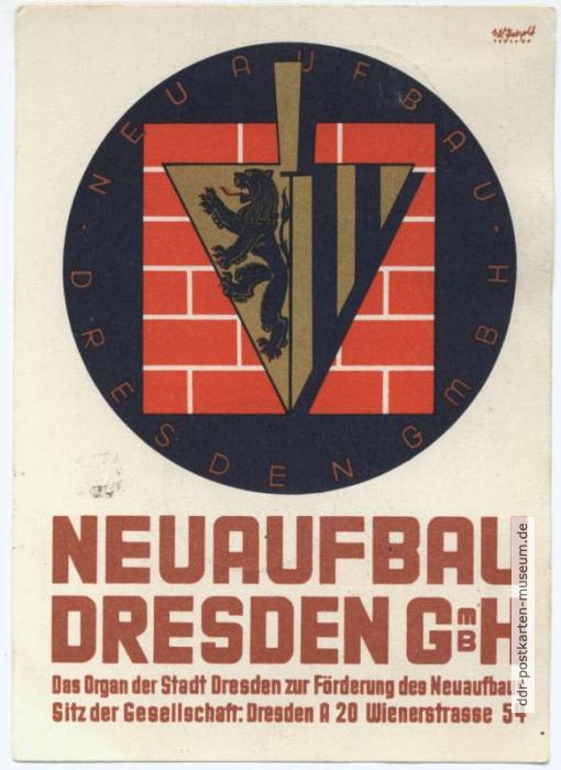 Werbekarte der "Neuaufbau Dresden-GmbH." von W. Petzold - 1946