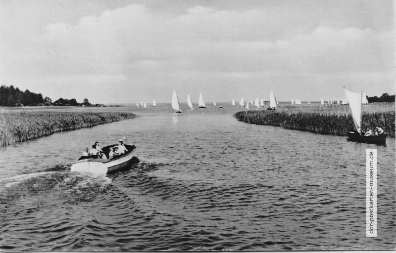 Motorboot vor Einfahrt in die Müritz bei Röbel - 1960