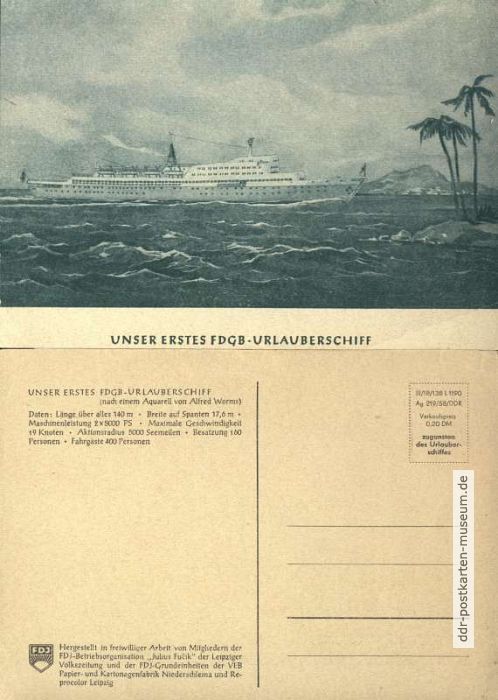 Erste Postkarte des ersten FDGB-Urlauberschiffes, Aquarell von Alfred Worms - 1958 