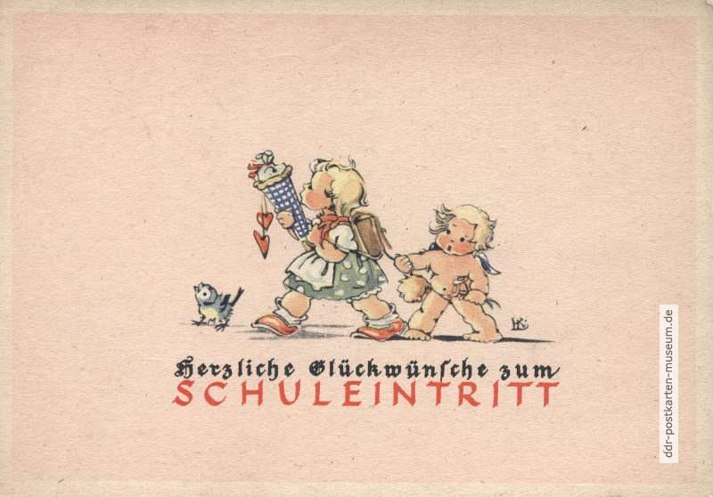 Glückwunschkarte zum Schuleintritt von 1950 - Oberlausitzer Kunstverlag