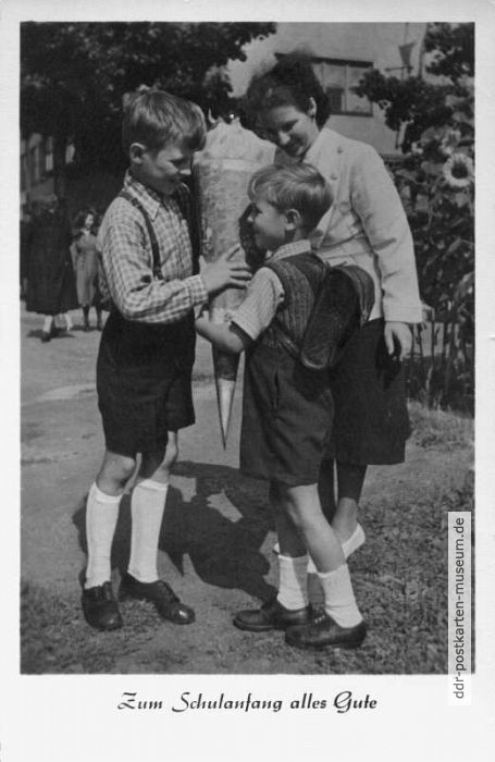 Postkarte zum Schulanfang von 1957 - VEB Volkskunstverlag