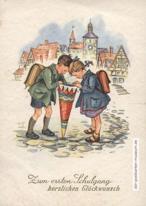 Glückwunschkarte zum ersten Schulgang  von 1957 - Verlag Willy Klautzsch
