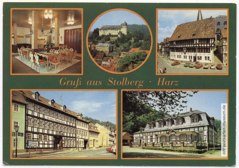 Gaststätte "Sachsenhof", Blick zum Schloß, Rathaus, Ferienheim "Kanzler", "Waldfrieden" - 1985