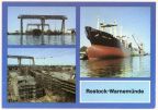 Warnow-Werft, Kabelkrananlage, Frachter am Kai - 1989