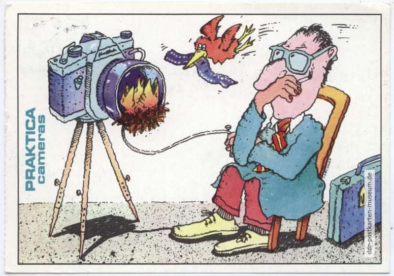 Werbekarte mit Cartoon für Praktica-Kameras - 1983